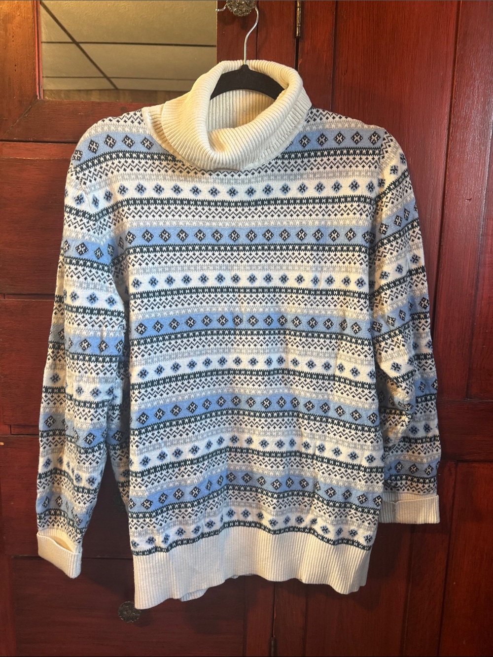 L.L. Bean Fair Isle Turtleneck Sweater - Blue & White